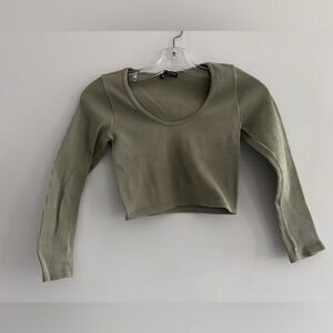 Zara Olive Green Ribbed Long Sleeve Crop Top Size M-L Stretchy